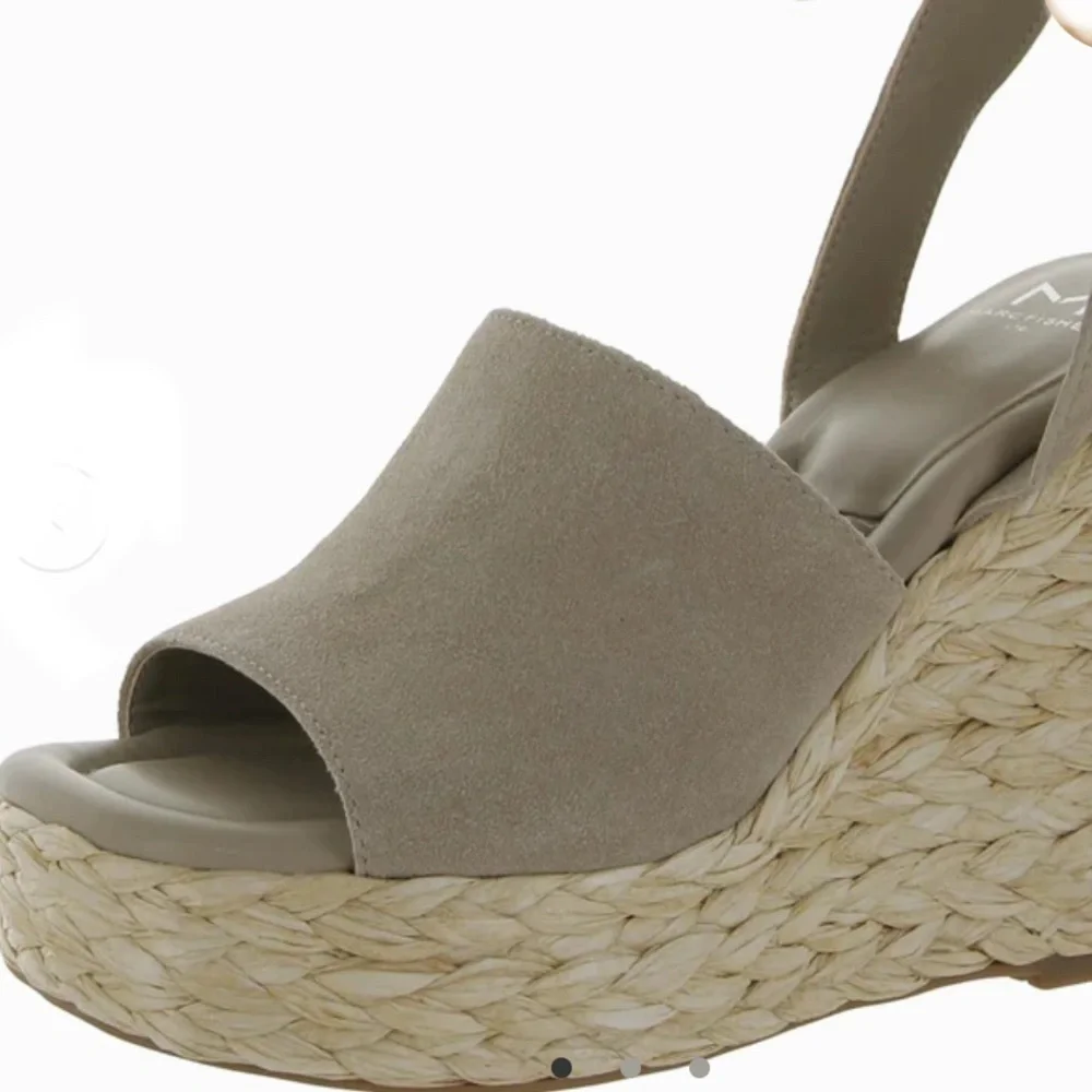Marc Fisher Suede Taupe Sandals with ankle strap and rafia wedge